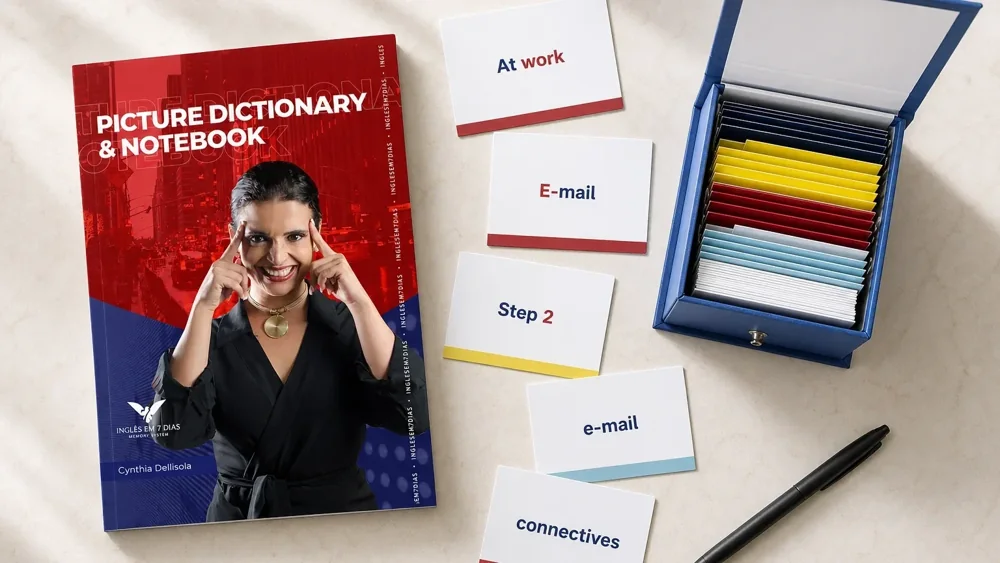 Material do curso: livro Picture Dictionary & Notebook e kit de flashcards